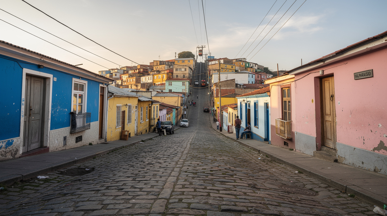 Colorful hillside street in Valparaíso, Chile with painted houses