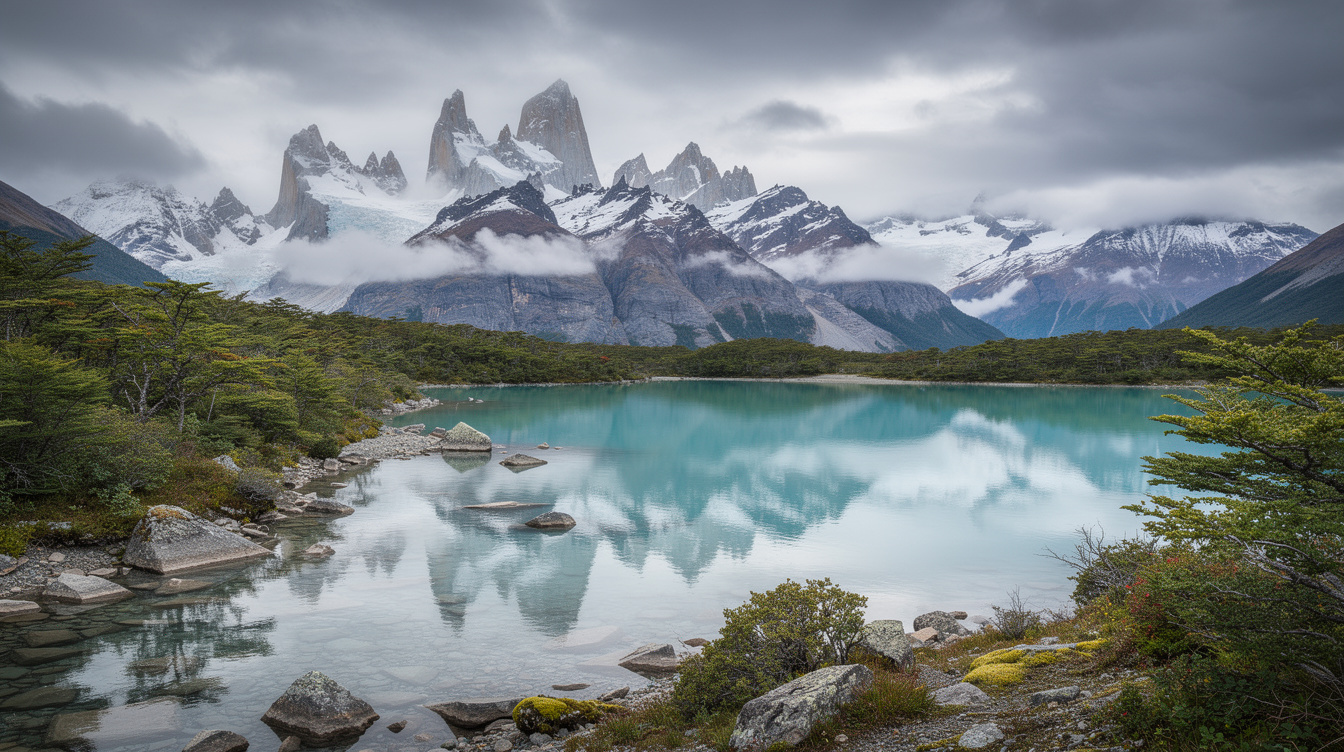 Snow-capped mountains reflected in a turquoise lake in Chilean Patagonia