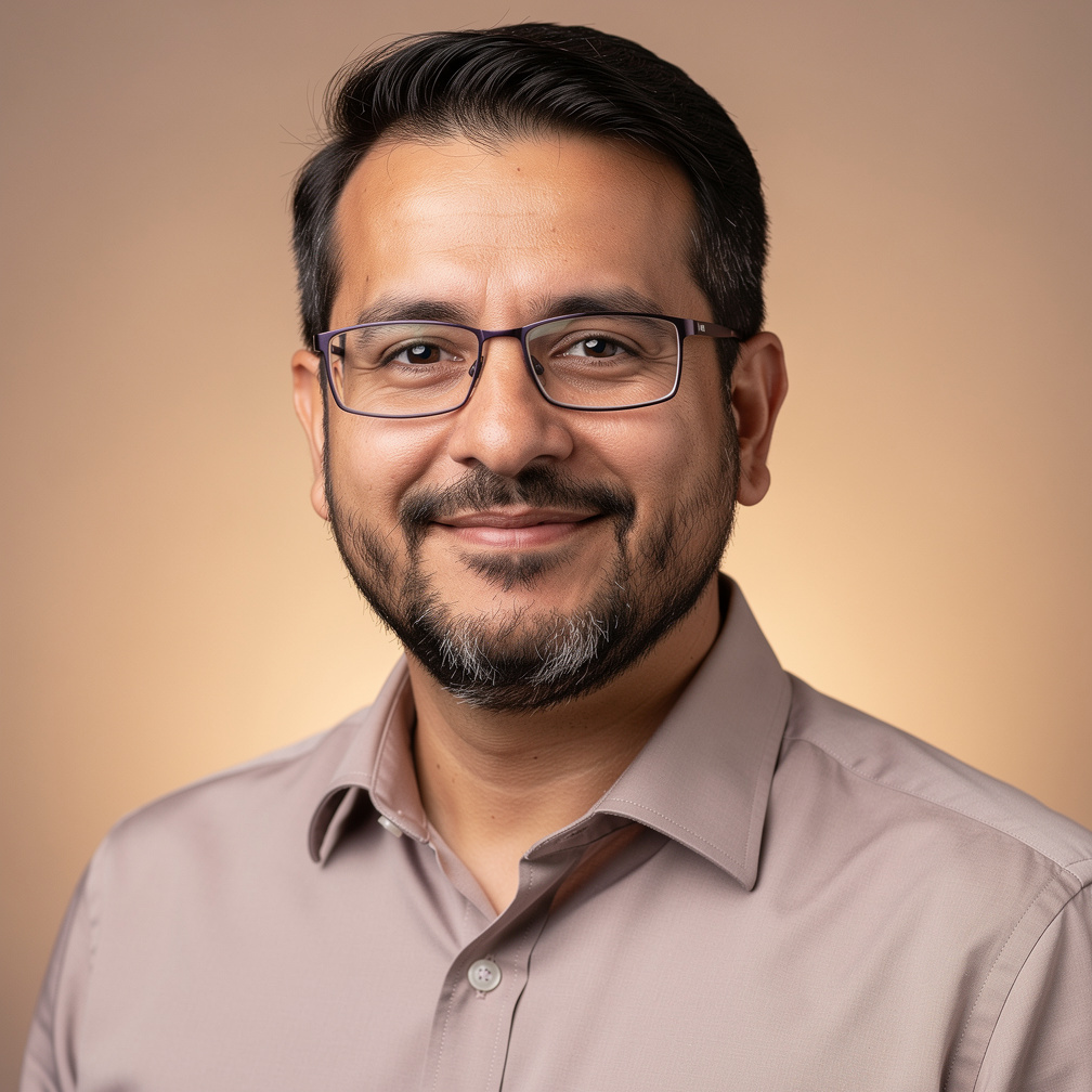 Portrait of a Chilean male photo editor with glasses